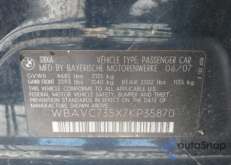 2007 BMW 328Xi Xi Sulev from USA, damaged, VIN WBAVC735X7KP35870